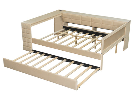 Upholstered Platform Bed With Storage Shelves, Desk, Charging Station And Trundle