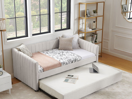 Upholstered Daybed With Trundle With Vertical Stripes