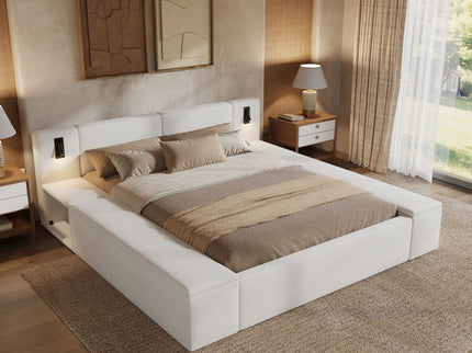 Upholstered Platform Bed Frame With Hidden Storage, Built-In Nightstands & LED Reading Lights