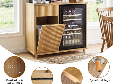 Fluted Coffee Bar Cabinet With Mini Fridge Space & Charging Station - Natural