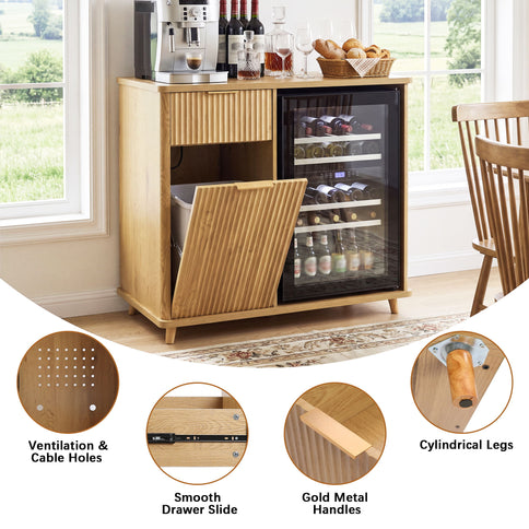 Fluted Coffee Bar Cabinet With Mini Fridge Space & Charging Station - Natural