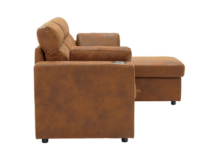 Convertible L - Shaped Sectional Sofa Bed With Storage Chaise, Cup Holders