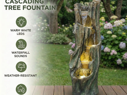 Tree Trunk Cascading Water Fountain, Outdoor LED Lighted - Gray