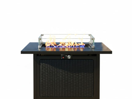 Outdoor 2 In 1 Propane Fire Pit Table With Lid & Glass Shield, Rectangular Fire Table, Lava Rock & Cover - Black