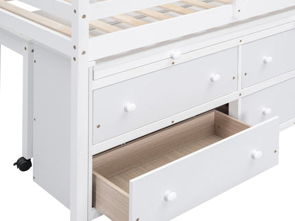 Loft Bed With Retractable Writing Desk And 4 Drawers, With Lateral Portable Desk And Shelves