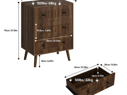 3 Drawer Dresser, Storage Cabinet With Vertical Grooves For Bedroom - Walnut