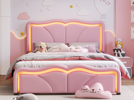 Upholstered Platform Bed & Curve Shaped And Height Adjustable Headboard, LED Light Strips