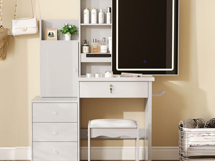 Vanity Desk Set With Sliding Lighted Mirror, 4 Drawer Makeup Dressing Table With 9 Storage Spaces, Hidden Compartments & Cushioned Stool, Beauty Furniture For Bedroom - White