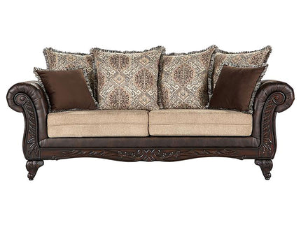 Brookridge - Rolled Arm Sofa With Ornate Details And Mixed Upholstery - Brown