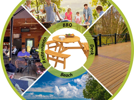 6 Person Circular Outdoor Wooden Picnic Table For Patio, Backyard, Garden, Diy With 3 Built-In Benches, 1720Lb Capacity