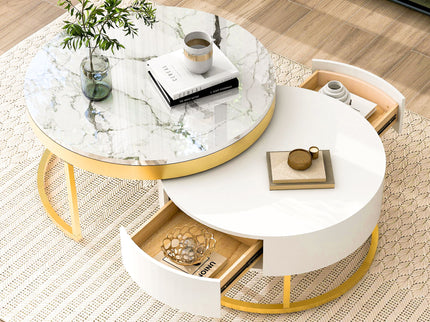 Round Nesting Coffee Table With Drawers - Golden / White