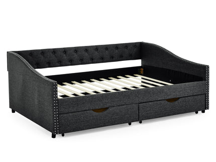Upholstered Tufted Daybed With Drawers, Waved Arms