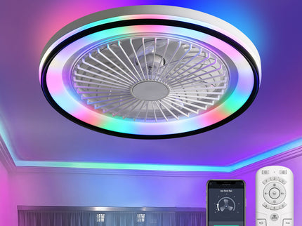 RGB Dimmable LED Bladeless Ceiling Fan With Remote Control, Flush Mount - White