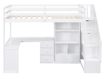 Loft Bed With L Shaped Desk, Drawers, Cabinet, And Storage Staircase