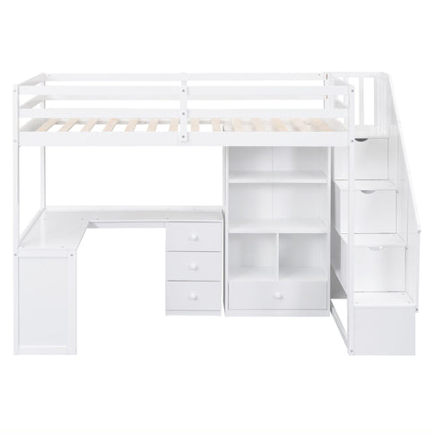 Loft Bed With L Shaped Desk, Drawers, Cabinet, And Storage Staircase