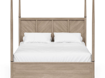 Queen Canopy Bedroom Set With A 2 Drawer Nightstand A Dresser With Poster Mirror And A Door Chest - Sand