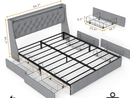 Platform Bed Frame With RGB LED Lights, Charging Station, Storage Headboard & 4 Underbed Drawers