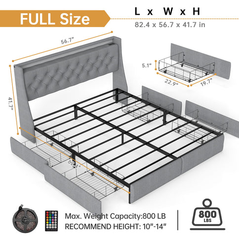 Platform Bed Frame With RGB LED Lights, Charging Station, Storage Headboard & 4 Underbed Drawers