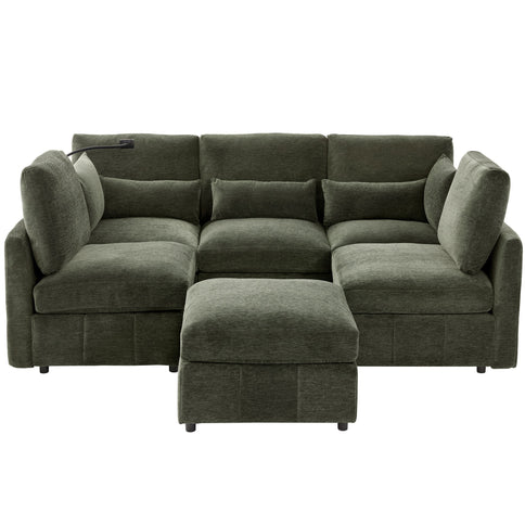 Modern Modular U-Shaped Sofa Bed With Movable Ottoman, USB Ports, Phone Holder