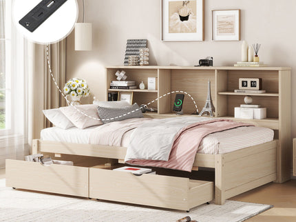 Bed Frame With Side Bookshelves, 2 Drawers, And Built In USB Port