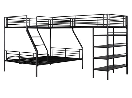 L-Shaped Twin Over Full Bunk Bed And Twin Loft Bed With 4 Built In Shelves - Black