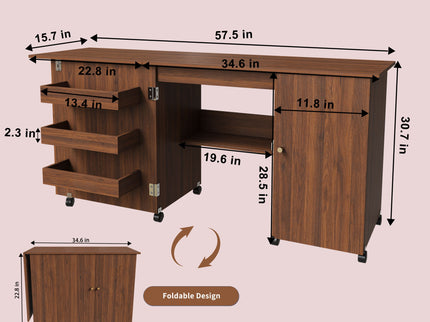 Foldable Sewing Table With Locking Casters