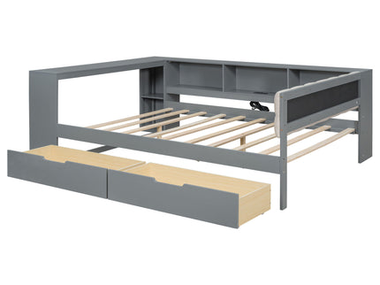 Upholstered Headboard Platform Bed With Storage Shelves, Drawers, Charging Station