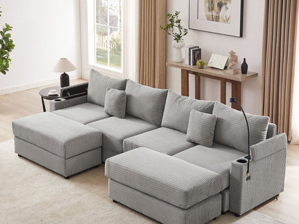 Modern Style Loveseat Sofa Sectional Sofa Couch With Storage Space, A Movable Ottoman, Two USB Ports, Two Cup Holders, A Phone Holder For Living Room