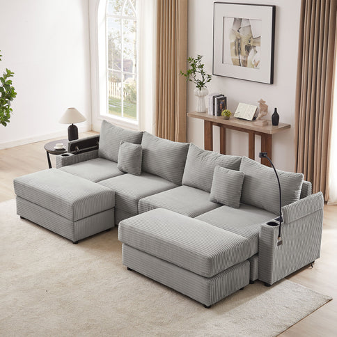 Modern Style Loveseat Sofa Sectional Sofa Couch With Storage Space, A Movable Ottoman, Two USB Ports, Two Cup Holders, A Phone Holder For Living Room
