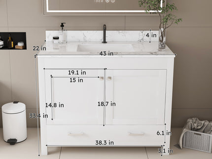 43" Bathroom Vanity With Artificial Marble Carrara Top Set, Multi Functional Cabinet With Doors And Drawer - White