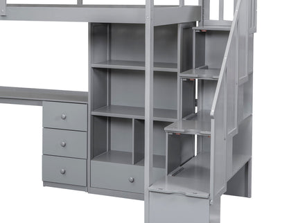 Loft Bed With L Shaped Desk, Drawers, Cabinet, And Storage Staircase