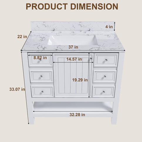 37" Bathroom Vanity With Artificial Marble Carrara Top, Multi Functional Cabinet With Doors And Drawer - White