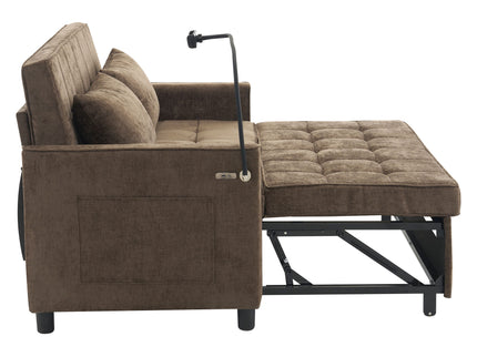 Pull-Out Sleeper Sofa With Reversible Backrest Cushion, Side Pockets, 2 USB Ports And A Phone Holder For Living Room