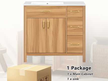 Bathroom Vanity, 2 Soft Close Doors, 3 Soft Close Drawers, Adjustable Shelf - Wood