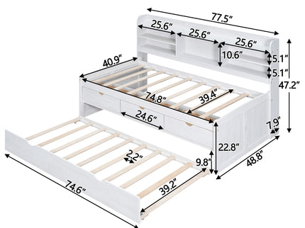Captain Bed With Built In Bookshelves, 3 Storage Drawers, And Trundle
