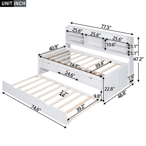 Captain Bed With Built In Bookshelves, 3 Storage Drawers, And Trundle