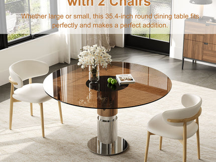 Round Dining Table & Tempered Glass Top - Brown