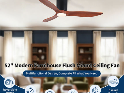 Low Profile Flush Mount Ceiling Fan With Light And Reversible Quiet Motor - Matte Black