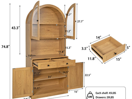 Tall Arched Pantry Cabinet With Charging Station, Adjustable Shelves, Coffee Bar
