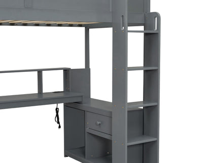 Gaming Loft Bed With Desk, Multi Storage Shelves, LED And Charging Station
