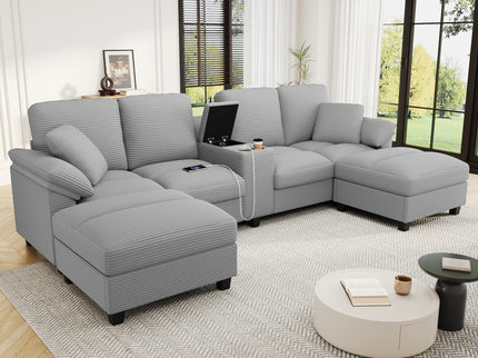 Modern U - Shaped Sectional Sofa With Storage Ottomans, USB Ports, And Cup Holders