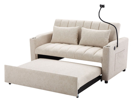 Convertible Sofa Bed Loveseat Sofa With Three USB Ports, Two Side Pockets, Two Cup Holders And 360° swivel Phone Holder For Living Room