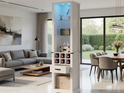 Pantry Cabinet With LED Lights, Wine Rack, Tempered Glass Shelves, And Barn Door Design - White