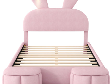 Full Upholstered Platform Bed With Cartoon Ears Headboard And LED Light - Pink