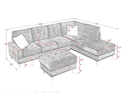L-Shaped Sectional Sofa With Chaise And Storage Ottoman, Includes 2 Pillows