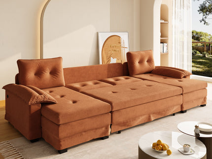 U-Shaped Sleeper Sofa With Pull Out Bed, Removable Armrests & USB Ports For Living Room