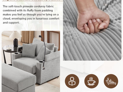 Modern Style Loveseat Sofa Sectional Sofa Couch With Storage Space, A Movable Ottoman, Two USB Ports, Two Cup Holders, A Phone Holder For Living Room