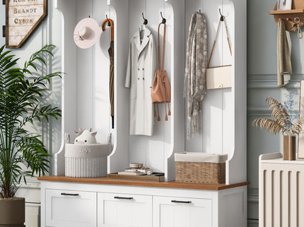 Hall Tree With Bench And Shoe Storage, 3 Large Drawers, Open Storage Shelves & Hooks