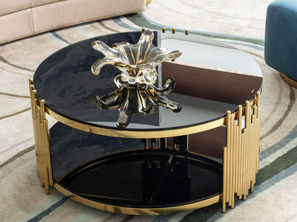 Elegant Round Table With Double Layer Tempered Glass Top And Stainless Steel Frame For Living Room