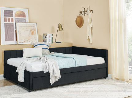 Full Size Upholstered Daybed With Trundle, Tufted Backrest And Armrests - Black